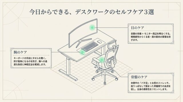 デスク周辺でできる腕・目・骨盤の具体的なセルフケア方法を3つのポイントで示した図