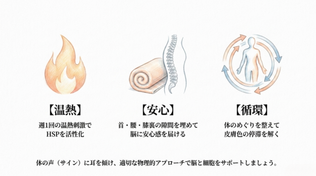 炎のイラスト、丸めたタオルと背骨のイラスト、循環する矢印に囲まれた人体のイラスト。それぞれに温熱、安心、循環というキーワードが添えられている。