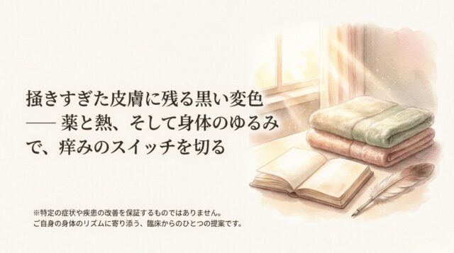 掻きすぎた皮膚に残る黒い変色——薬と熱、そして身体のゆるみで、痒みのスイッチを切る