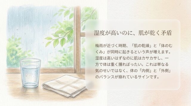 「湿度が高いのに、肌が乾く矛盾」という見出しのテキストページ。