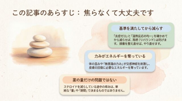 基準を満たしてから減らすこと、力みがエネルギーを奪っていること、薬の量だけの問題ではないことを説明する、この記事のあらすじが書かれたスライド。