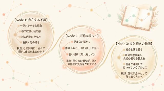 Node 1（点在する不調）、Node 2（共通の根っこ）、Node 3（ひと続きの物語）の3つの概念と、それぞれの詳細な症状、観察視点が書かれた日本語のテキスト。