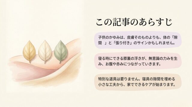 「この記事のあらすじ」の見出し。子供のかゆみが「隙間」と「張り付き」のサインであること、特別な道具は不要であることを説明するテキスト。