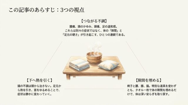 「この記事のあらすじ：3つの視点」と題された、体調改善の考え方を説明するテキストスライド。