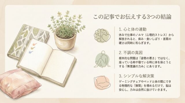 脳とハートの重なり、およびビーズクッションのようなイラスト。右側には「心と体の連動」「不調の真因」「シンプルな解決策」という3つの結論が記載されている。