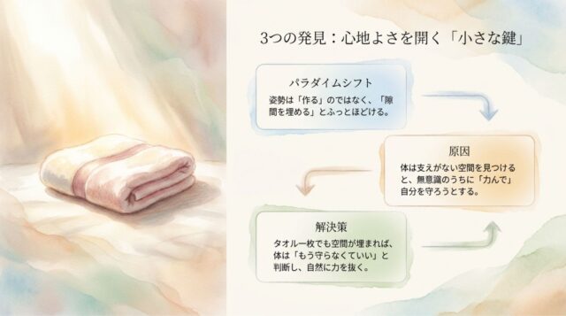 「3つの発見：心地よさを開く『小さな鍵』」という見出し。原因として「隙間による無意識の力み」、解決策として「隙間を埋めることで筋肉の防御反応を解く」という考え方が対比構造で書かれたスライド。