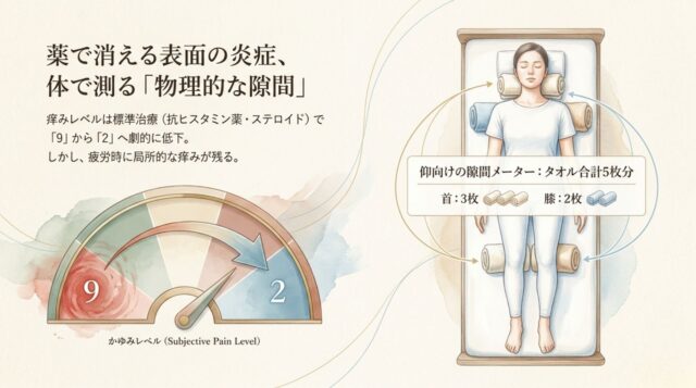 痒みレベルが9から2へ下がる矢印が描かれたメーターのイラスト。下に「薬で消える表面の炎症、体で測る物理的な隙間」というテキストと、首と膝のタオル枚数の説明。