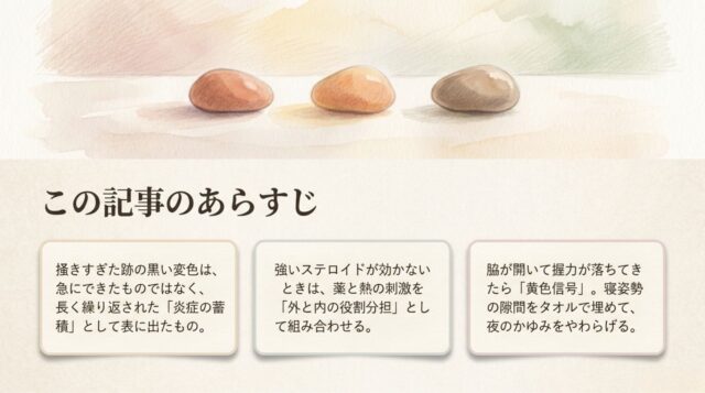 「この記事のあらすじ」という見出しのもと、皮膚の黒い変色の理由、薬と熱の組み合わせ、寝姿勢の調整について3つのポイントで解説したテキストスライド。