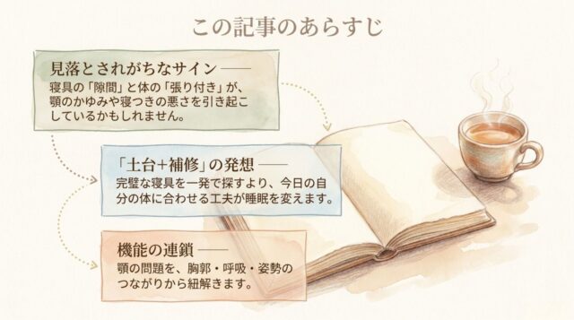 「この記事のあらすじ」として、寝具の隙間と体の張り付き、土台+補修の発想、胸郭・呼吸・姿勢の機能連鎖について解説した日本語のテキストページ。