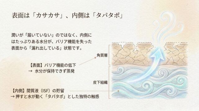 角質層の水分蒸発と皮下組織の間質液貯留を示す図解。