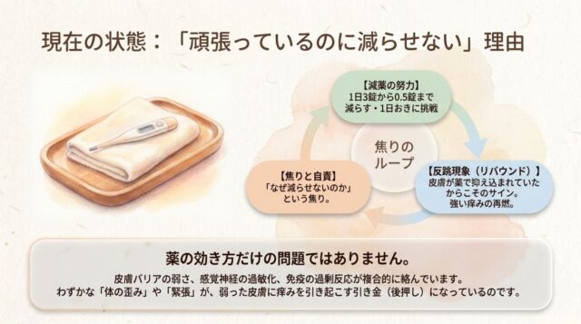 【焦りと自責】【減薬の努力】【反跳現象（リバウンド）】が「焦りのループ」として繋がっており、皮膚バリアの弱さや体の歪みが関係していることを示す解説図。
