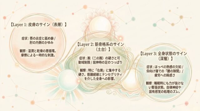 皮膚のサイン・表層）、Layer 2（筋骨格系のサイン・土台）、Layer 3（全身状態のサイン・深層）の3つの階層ごとに、具体的な症状と観察ポイントをまとめた日本語のテキスト。