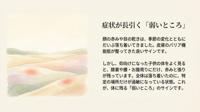 「症状が長引く『弱いところ』」の見出し。仰向けの子供の膝裏、腰、お腹周りに残る赤みと張りについての説明文。
