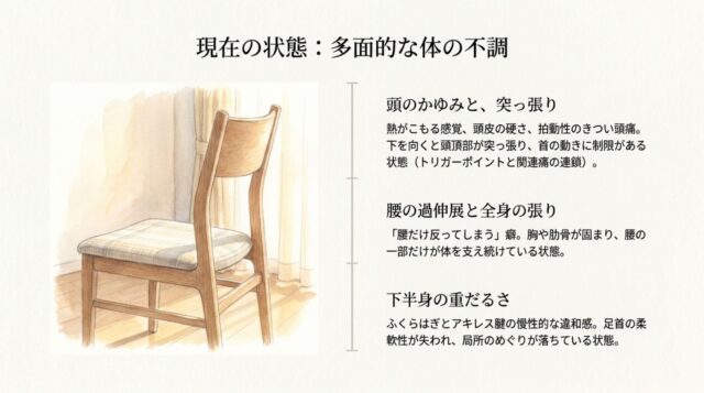 窓際にあるシンプルな木製椅子のイラストと、頭痛や腰痛などの症状を説明するテキスト。