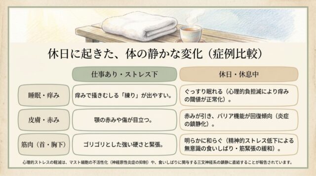 ストレス下と休息中の症状（痒み、赤み、筋緊張）を比較した表。下部には神経原性炎症の抑制に関する解説テキスト。
