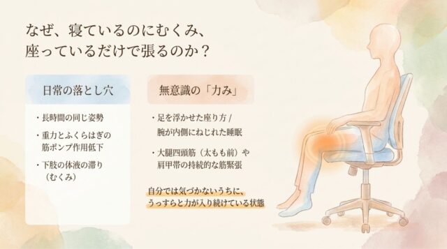 「なぜ、寝ているのにむくみ、座っているだけで張るのか？」という問いと、無意識の力みが生じる要因（長時間の姿勢、筋ポンプ作用の低下、特定の座り方・寝方）をリスト化したページ。
