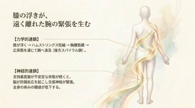 「膝の浮きが、遠く離れた腕の緊張を生む」という見出し。力学的連鎖と神経的連鎖のメカニズムを説明するテキスト。