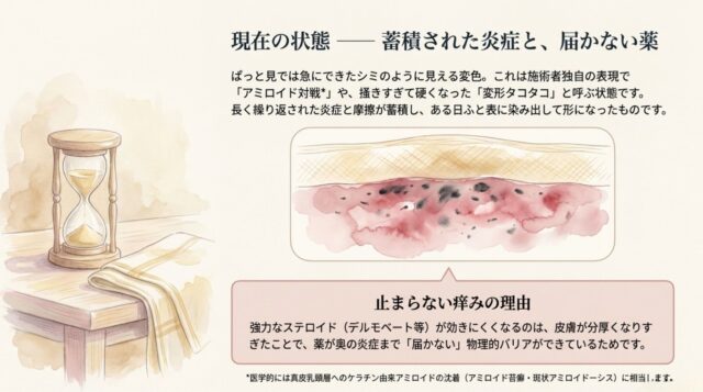部に皮膚の断面と黒い斑点・赤い炎症が描かれた水彩画風のイラストがあり、下部に「現在の状態 蓄積された炎症と、届かない薬」という解説文が配置されたスライド。