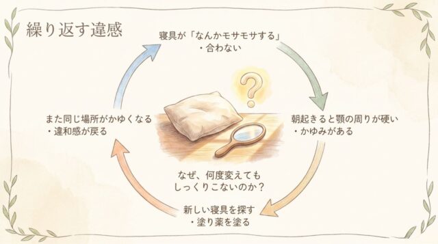 中央の枕と手鏡のイラストを囲むように、寝具が合わない、顎が硬い・かゆい、買い替えや塗り薬、違和感の再発という悪循環を4つの矢印で表現したサイクル図。