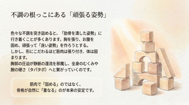 姿勢と胸郭の圧迫、むくみの関係性を説明するテキストページ。