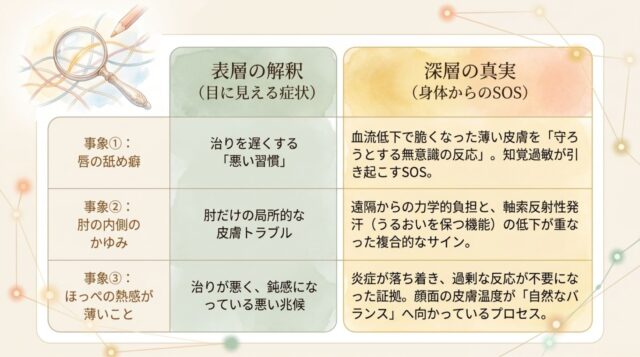 事象①（唇の舐め癖）、事象②（肘のかゆみ）、事象③（ほっぺの熱感）について、それぞれ「表層の解釈」と「深層の真実」を比較して説明している日本語のデータテーブル。