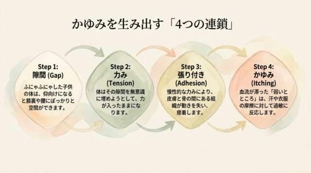 「かゆみを生み出す『4つの連鎖』」の見出し。隙間、力み、張り付き、かゆみの4つのステップを箇条書きで詳細に説明するテキスト。