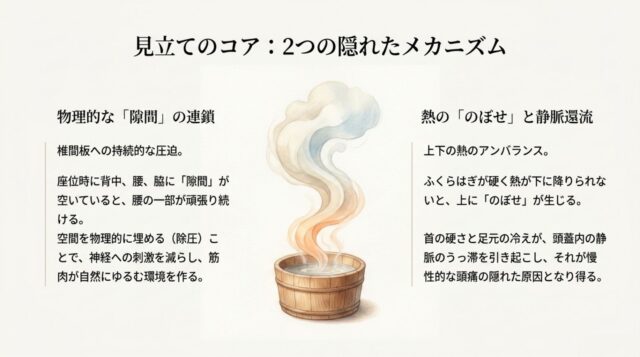 「物理的な隙間の連鎖」と「熱ののぼせと静脈還流」という2つのメカニズムを解説するテキストスライド。