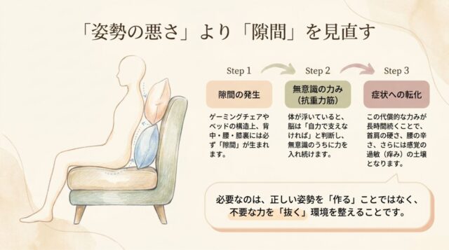 Step 1（隙間の発生）、Step 2（無意識の力み）、Step 3（症状への転化）のフロー図。正しい姿勢を作るのではなく「力を抜く環境」の重要性を説くテキスト。