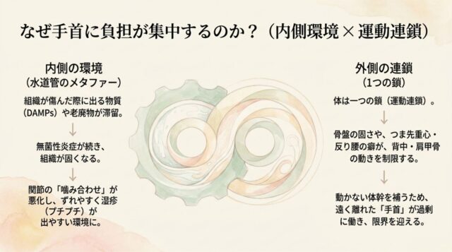 内側の環境（水道管のメタファー）」と「外側の連鎖（1つの鎖）」の2つの側面から、手首の負担の原因を解説する構造。