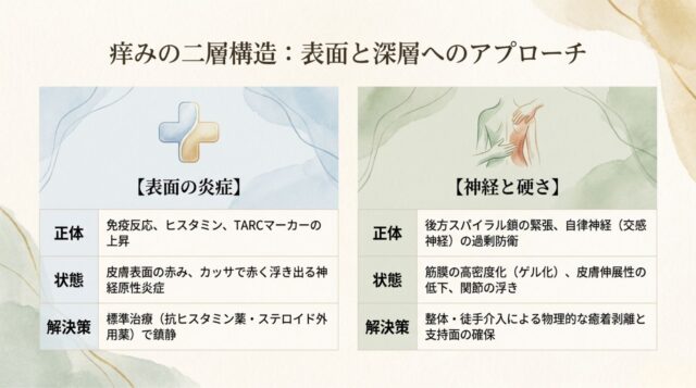 痒みの二層構造を比較する表。左側に「表面の炎症（免疫反応）」、右側に「神経と硬さ（後方スパイラル鎖の緊張）」の詳細。