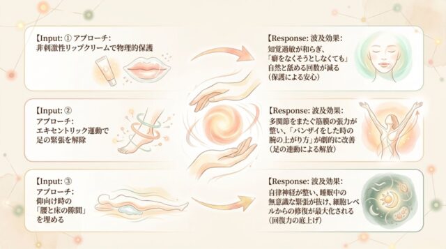 上部に、足首を囲む3つのリングのイラストと、太陽・月・波・細胞が描かれた円形のイラスト。下部に、3つのアプローチ（リップ、足の運動、腰の隙間）とそれによる波及効果を説明する日本語テキスト。