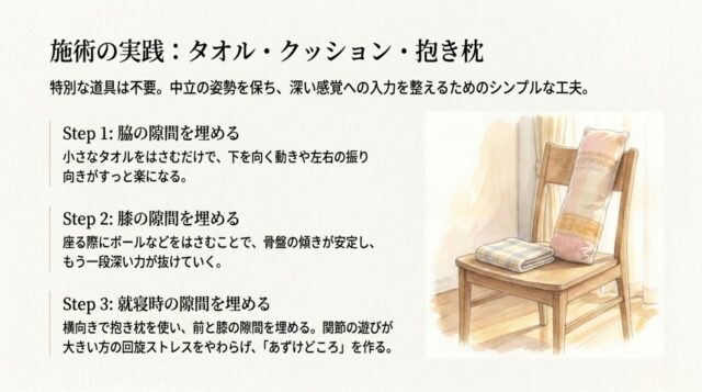 タオルとクッションがセットされた椅子のイラストと、体の隙間を埋める3ステップの解説テキスト。