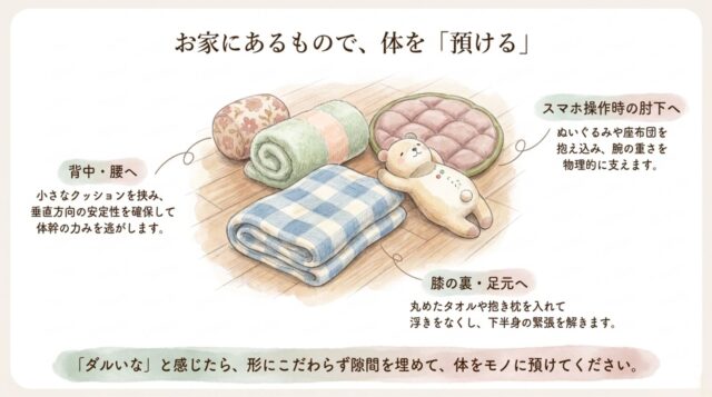 クッションやタオルを使用して、腰、肘、膝裏の隙間を埋めているイメージ図と、それぞれの部位への効果を説明するテキスト。