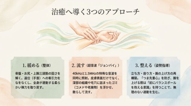 「1. 緩める（整体）」「2. 流す（超音波『エクオ』）」「3. 整える（姿勢指導）」の3つのステップとそれぞれの詳細内容。