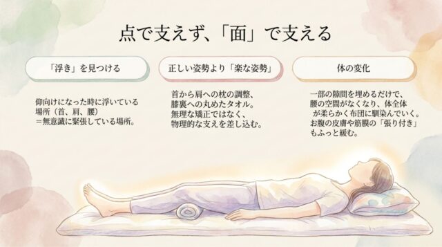 「点で支えず、『面』で支える」というテーマ。自分の体の「浮き」を見つけるチェック項目と、タオルや枕を使って隙間を埋め、体が柔らかく馴染んでいく変化を解説したページ。