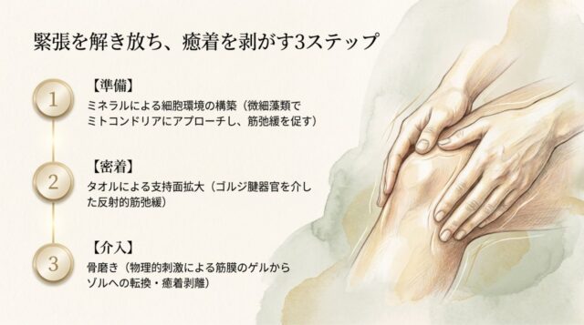 「1 準備、2 密着、3 介入」と番号が振られた3ステップの解説図。各段階の目的と具体的なアプローチ方法。