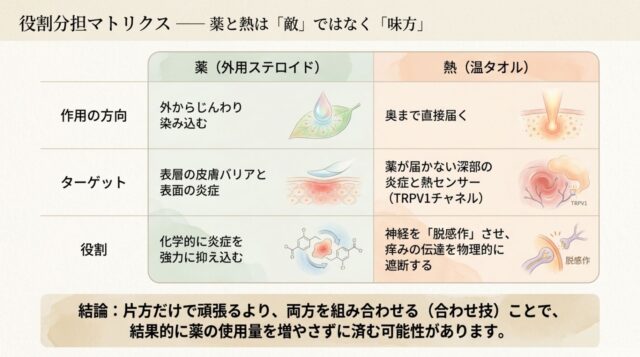 薬（外用ステロイド）と熱（温タオル）の作用・ターゲット・役割を比較したテーブル（表）形式のテキストスライド。