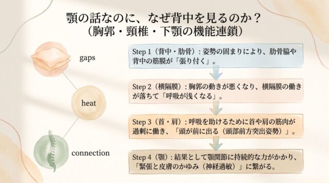 Step 1（背中・肋骨の張り付き）、Step 2（横隔膜・呼吸が浅い）、Step 3（首・肩の過剰な働きと頭部突出）、Step 4（顎の緊張とかゆみ）の4段階で機能連鎖を解説する日本語テキスト。