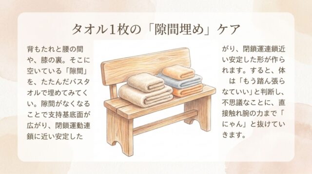 椅子の背もたれと腰の隙間にタオルを入れているイラストと解説文。