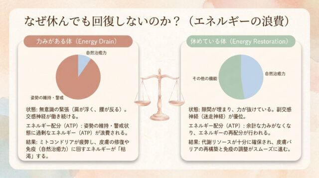 エネルギー（ATP）の配分について、姿勢の維持に浪費されて自然治癒力が枯渇する「力みがある体 (Energy Drain)」と、余計な力みがなく自然治癒力に十分充てられる「休めている体 (Energy Restoration)」を比較した図