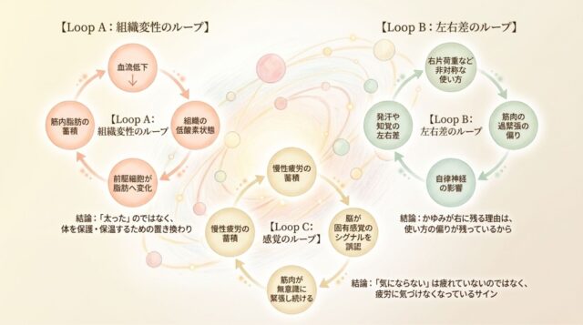 Loop A（組織変性のループ）、Loop B（左右差のループ）、Loop C（感覚のループ）の3つについて、それぞれの発生メカニズムと「体を保護するための置き換わり」「使い方の偏り」「疲労への麻痺」という結論をまとめた日本語のテキスト。