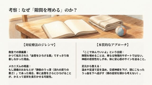 テーブルの上の本とタオルのイラスト、および「対症療法のジレンマ」と「本質的なアプローチ」を比較解説するテキスト。