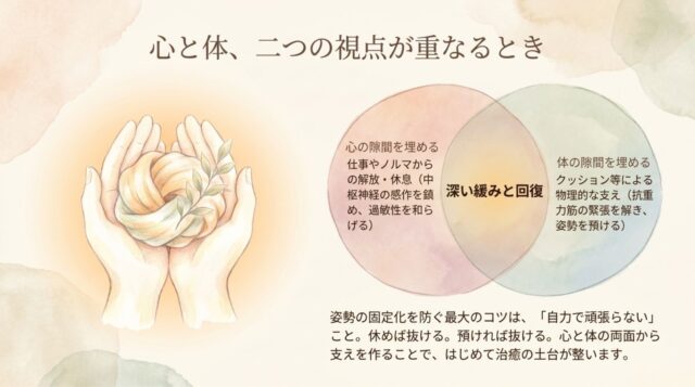 「心の隙間を埋める」と「体の隙間を埋める」の2つの視点を対比させた図解。
