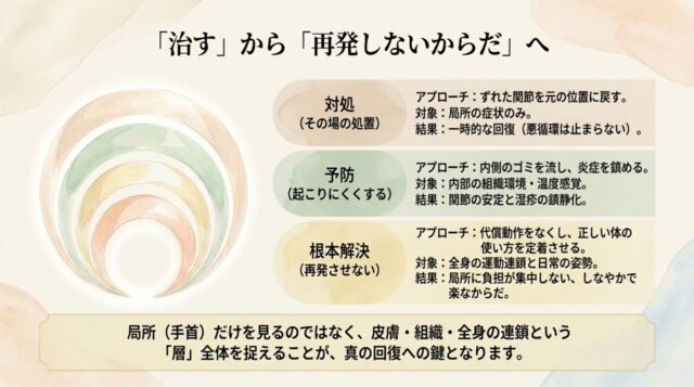 対処、予防、根本解決のアプローチ・対象・結果をまとめた比較表。