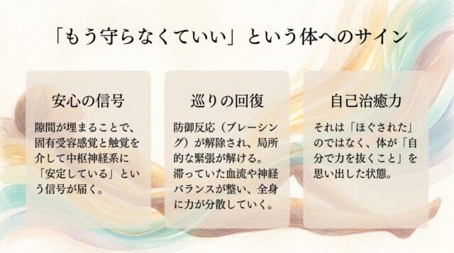 「『もう守らなくていい』という体へのサイン」という見出し。「安心の信号」「巡りの回復」「自己治癒力」の3項目で、隙間を埋めることの生理学的なメリットを解説したスライド。