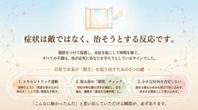 「すべての不調は、体が必死にあなたを守ろうとしているサイン」というメッセージと、日常で軽さを取り戻すための3つの鍵（エキセントリック運動、寝る前の隙間チェック、小さなSOSを否定しない）が書かれた日本語のテキスト。