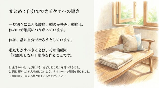 体のつながりと自浄作用について述べ、3つのセルフケアのポイントをまとめた最終スライド。