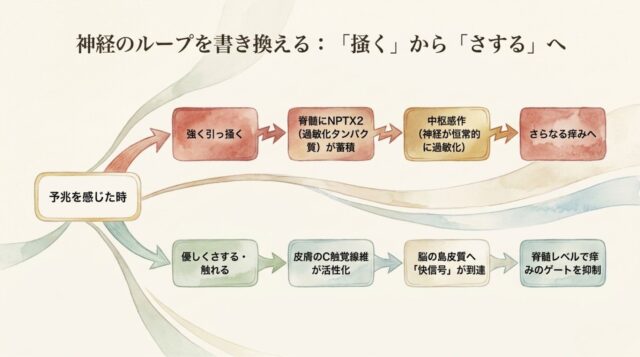 予兆から始まる2分岐のフローチャート。上段は「強く引っ掻く」ことによる悪循環、下段は「優しくさする」ことによる痒みの抑制プロセス。