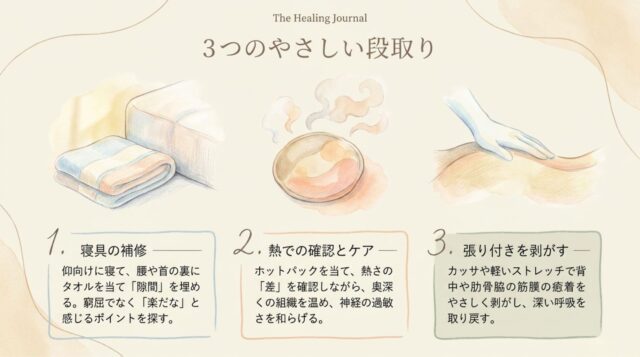 「1. 寝具の補修」「2. 熱での確認とケア」「3. 張り付きを剥がす」という3つの段取りと具体的なケア方法を記載した、植物のあしらいがあるテキストページ。