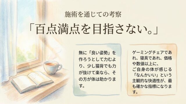 「百点満点を目指さない。」という見出しから始まり、数値や価格よりも主観的な「なんかいい」という快適性を大切にすることを語る縦書き風にレイアウトされたテキスト。